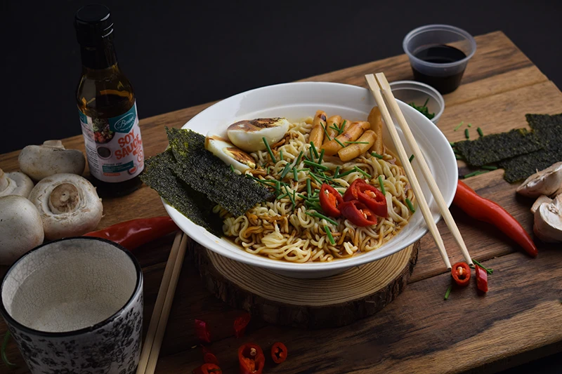 Ramen with eggs, mushrooms, chilli and seaweed