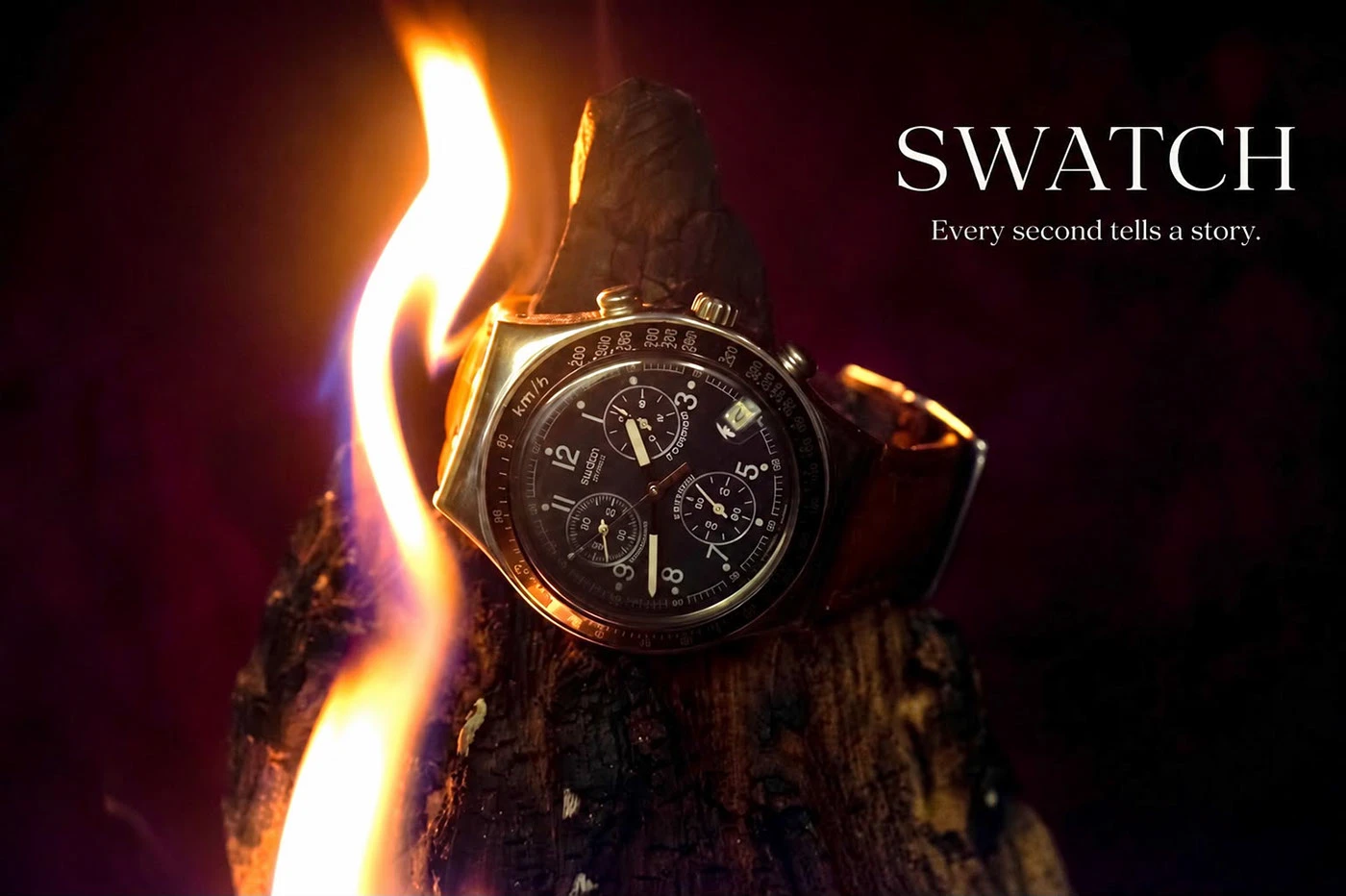 Swatch chronograph with flame and wood — original composition